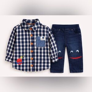 Plaid Shirt and Denim Pants Set with Planet Design